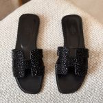 Hermes Oran Black Rhinestone Embellished Leather Flat Sandals