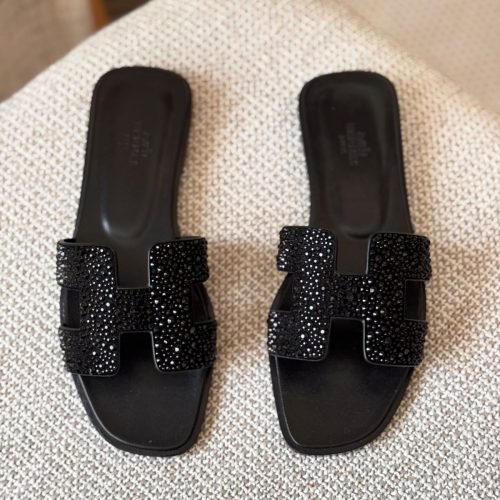 Hermes Oran Black Rhinestone Embellished Leather Flat Sandals