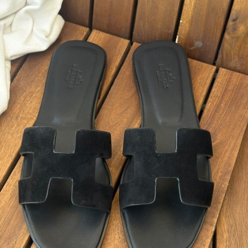 Hermes Oran Black Suede Goatskin Leather Flat Sandals