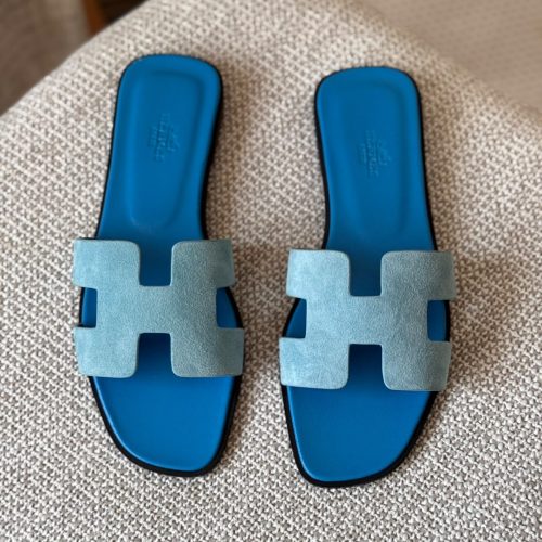 Hermes Oran Bleu Cameo Suede Goatskin Leather Flat Sandals