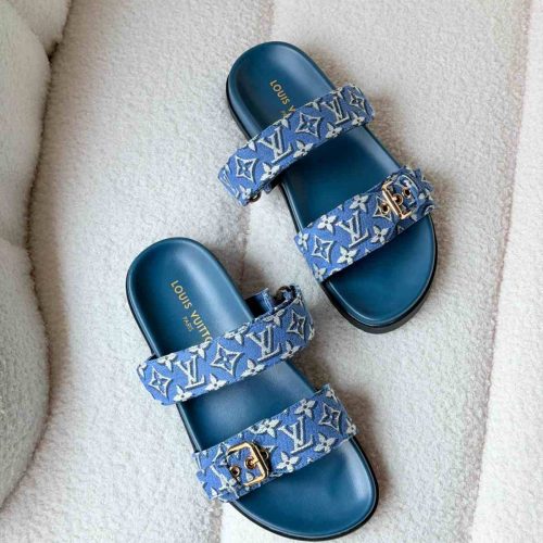 Louis Vuitton Bom Dia Flat Comfort Mules Bleu Denim Monogram Jacquard