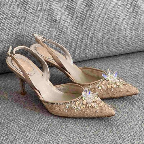 Rene Caovilla Beige Fabric Cinderella Slingback Sandals