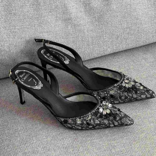 Rene Caovilla Black Fabric Cinderella Slingback Sandals