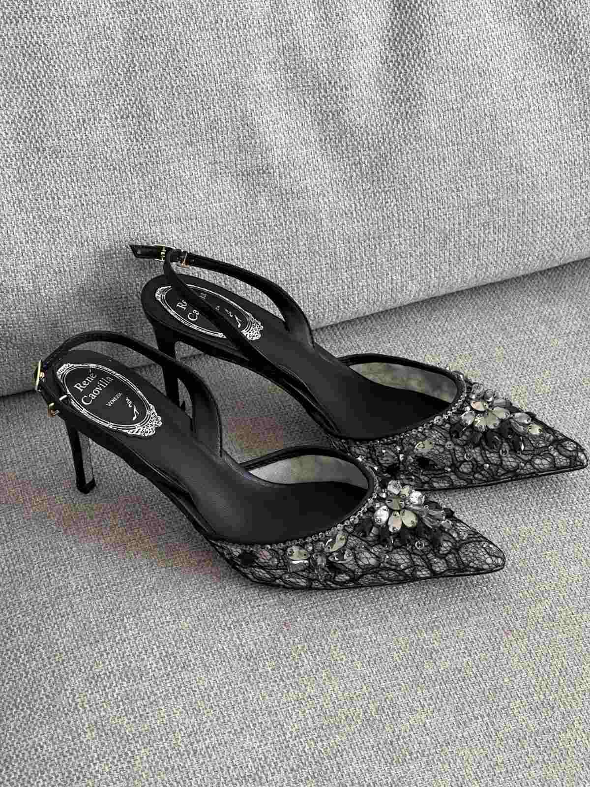 Rene Caovilla Black Fabric Cinderella Slingback Sandals Rene Caovilla Black Fabric Cinderella Slingback Sandals