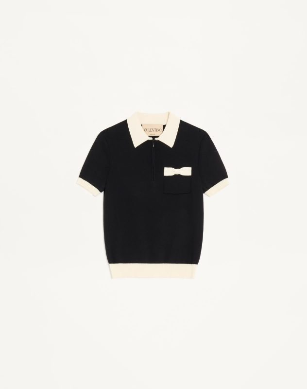 Valentino Garavani Bow Detail Cotton Black Polo Tshirt