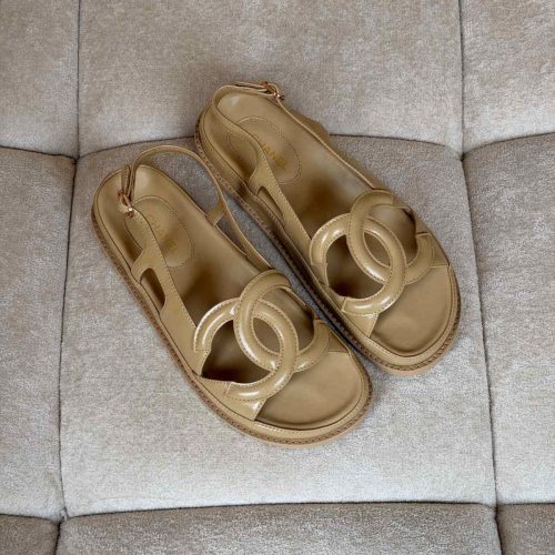 Chanel Beige Crumpled Shiny Lambskin CC Cut Out Sandals