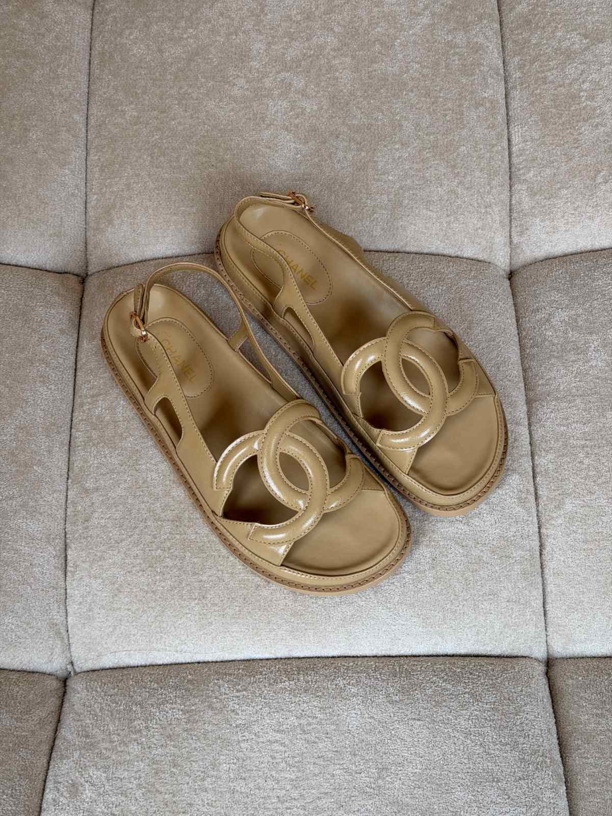 Chanel Beige Crumpled Shiny Lambskin CC Cut Out Sandals Chanel Beige Crumpled Shiny Lambskin CC Cut Out Sandals