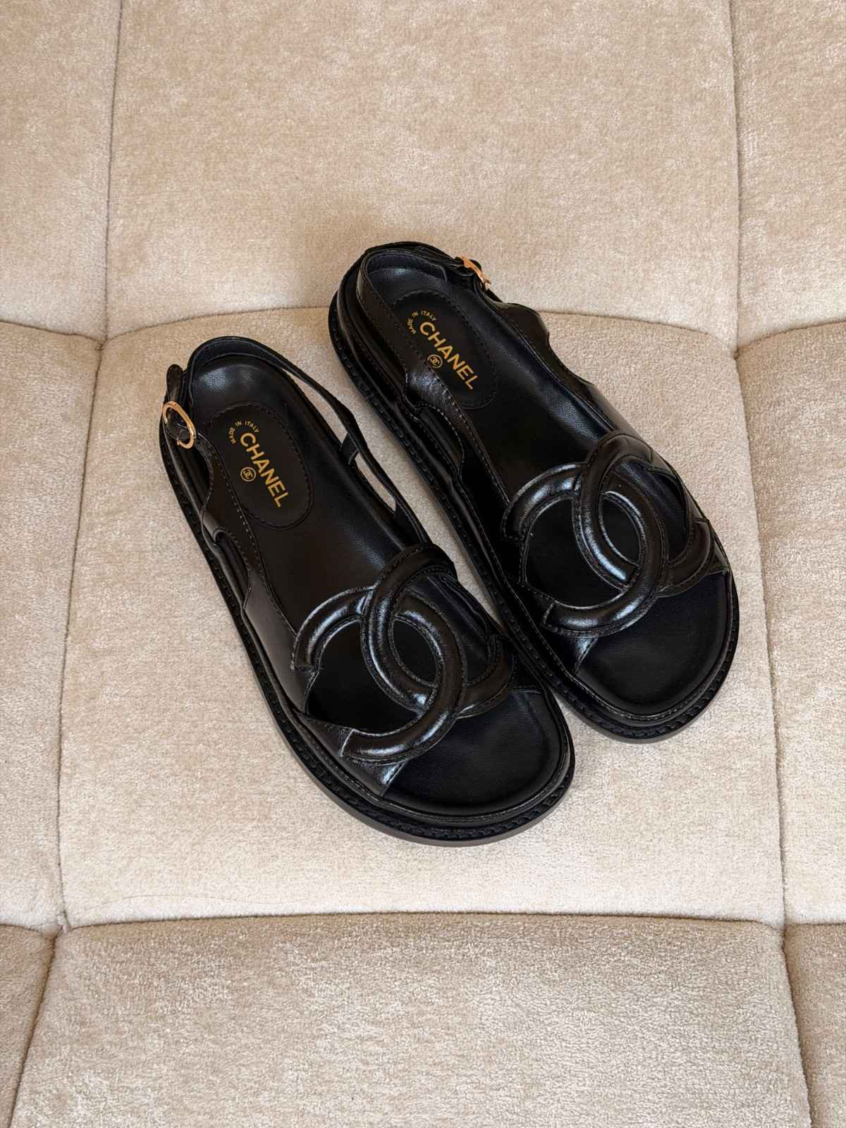 Chanel Black Crumpled Shiny Lambskin CC Cut Out Sandals Chanel Black Crumpled Shiny Lambskin CC Cut Out Sandals