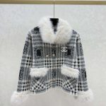 Chanel Black & White Tweed Jacket with Fur Collar