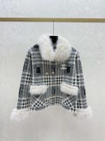 Chanel Black & White Tweed Jacket with Fur Collar