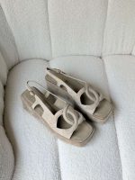 Chanel Dark Beige Suede CC Cut Out Wedge Sandals