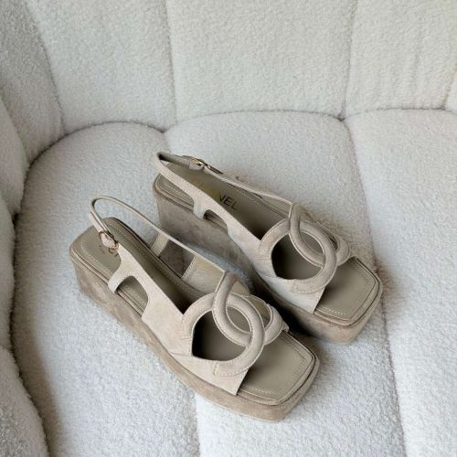 Chanel Dark Beige Suede CC Cut Out Wedge Sandals