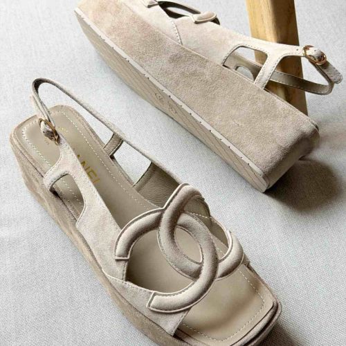Chanel Dark Beige Suede Wedge Sandals