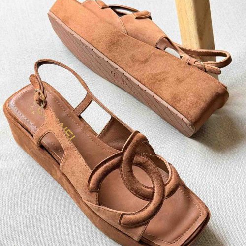 Chanel Dark Brown Suede CC Cut Out Wedge Sandals