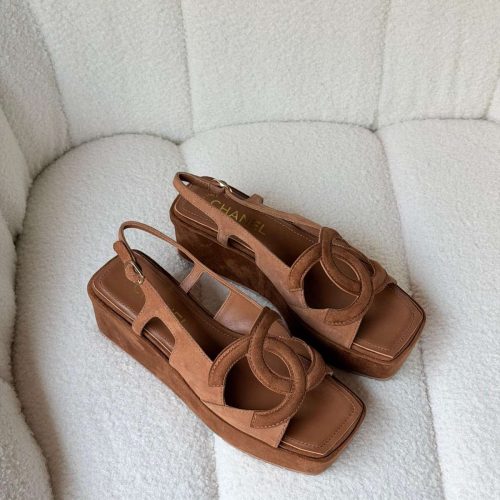 Chanel Dark Brown Suede CC Cut Out Wedge Sandals