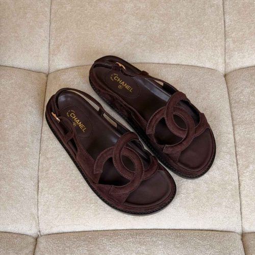 Chanel Dark Chocolate Crumpled Suede CC Cut Out Sandals