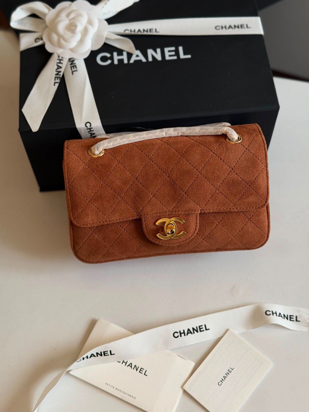 Chanel Mini Souplissimo Flap Bag Suede Camel GHW Chanel Mini Souplissimo Flap Bag Suede Camel GHW