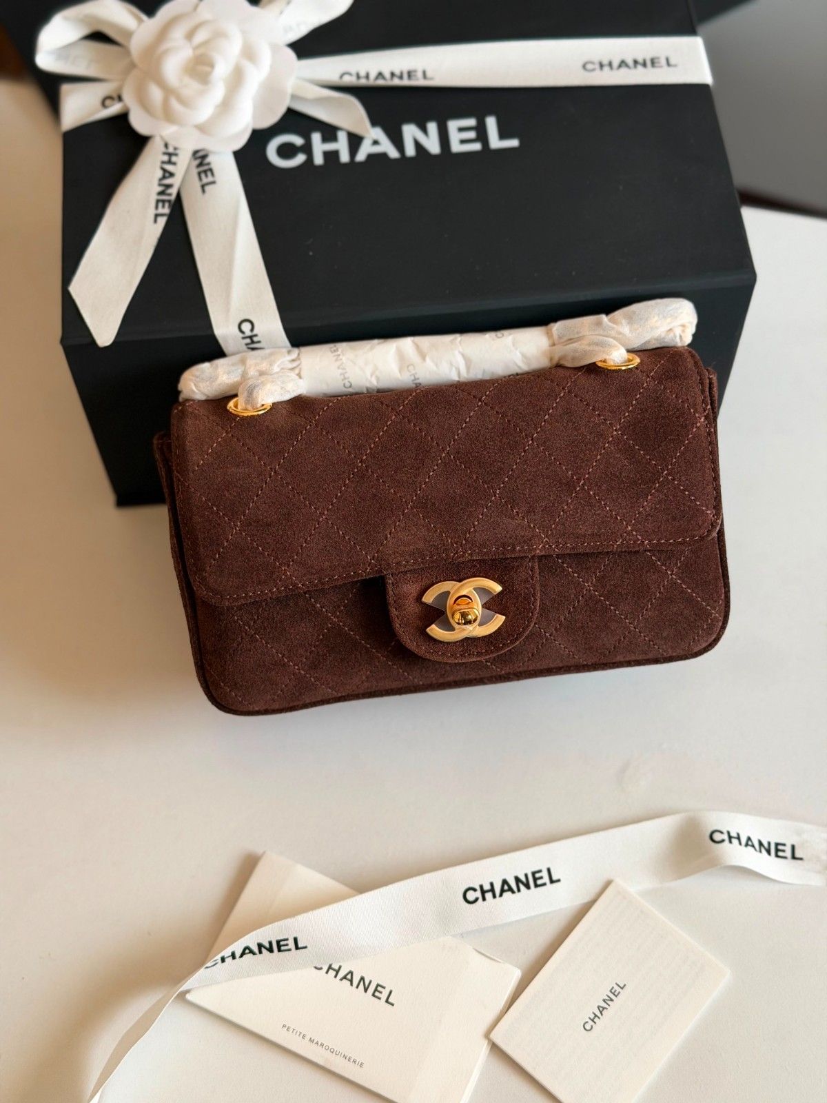 Chanel Mini Souplissimo Flap Bag Suede Dark Brown GHW Chanel Mini Souplissimo Flap Bag Suede Dark Brown GHW