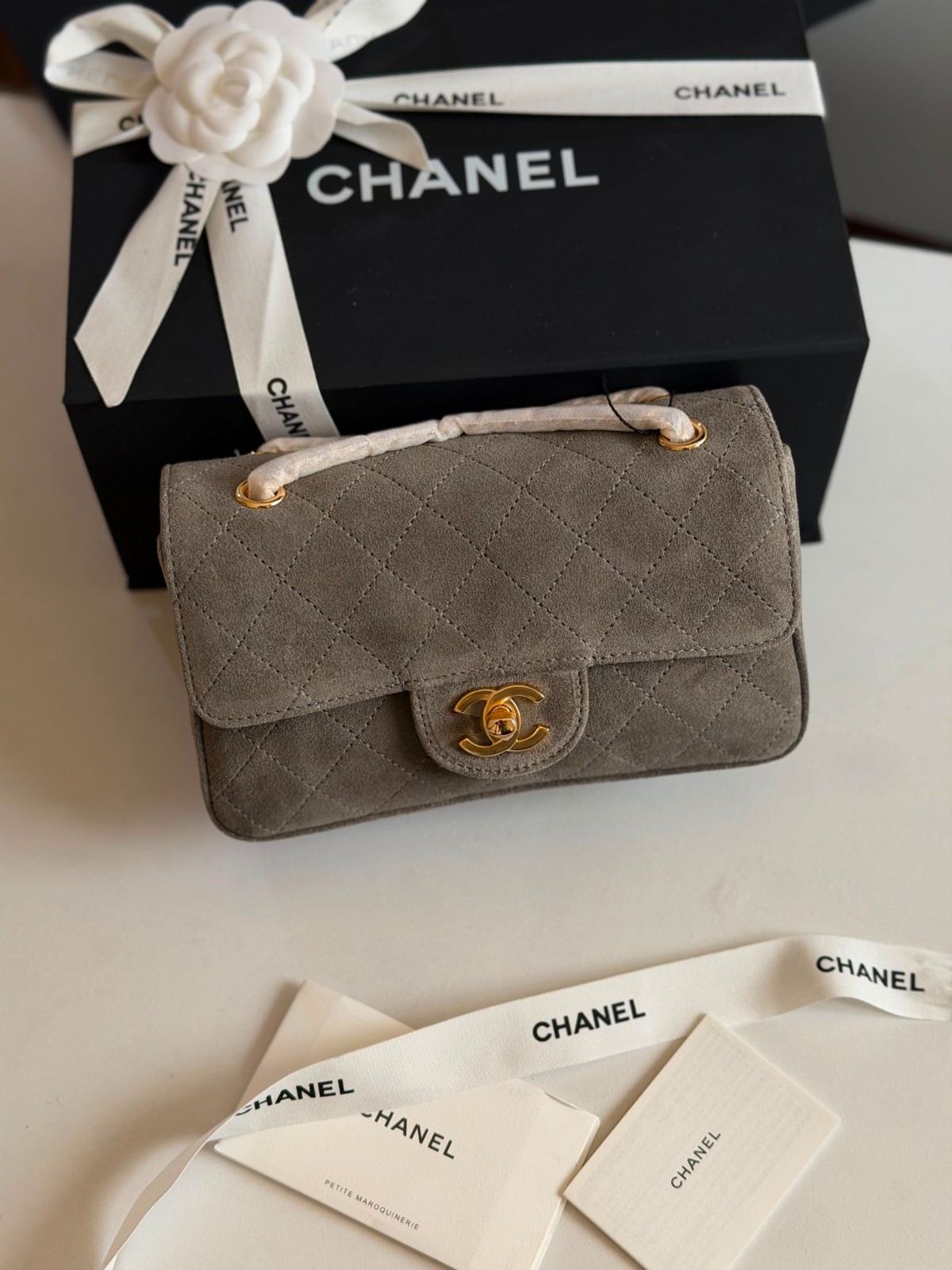 Chanel Mini Souplissimo Flap Bag Suede Dark Grey GHW Chanel Mini Souplissimo Flap Bag Suede Dark Grey GHW