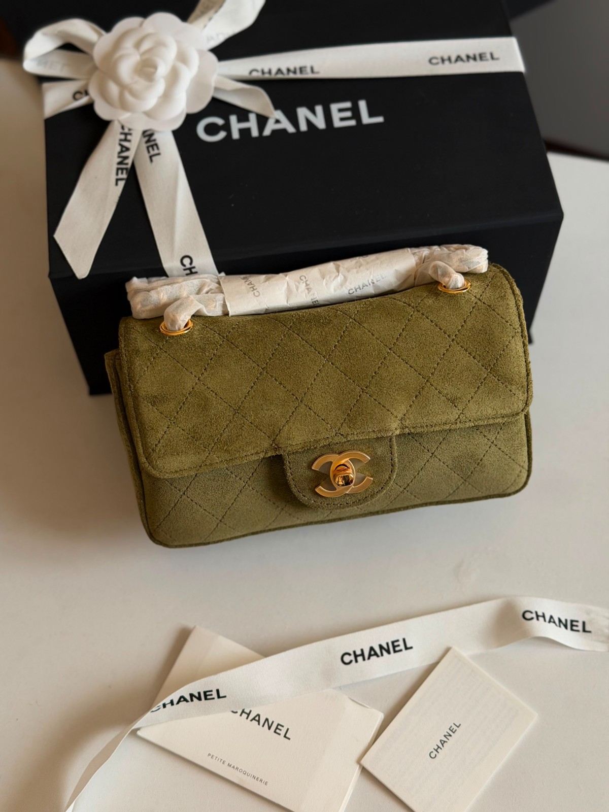 Chanel Mini Souplissimo Flap Bag Suede Rich Khaki GHW Chanel Mini Souplissimo Flap Bag Suede Rich Khaki GHW