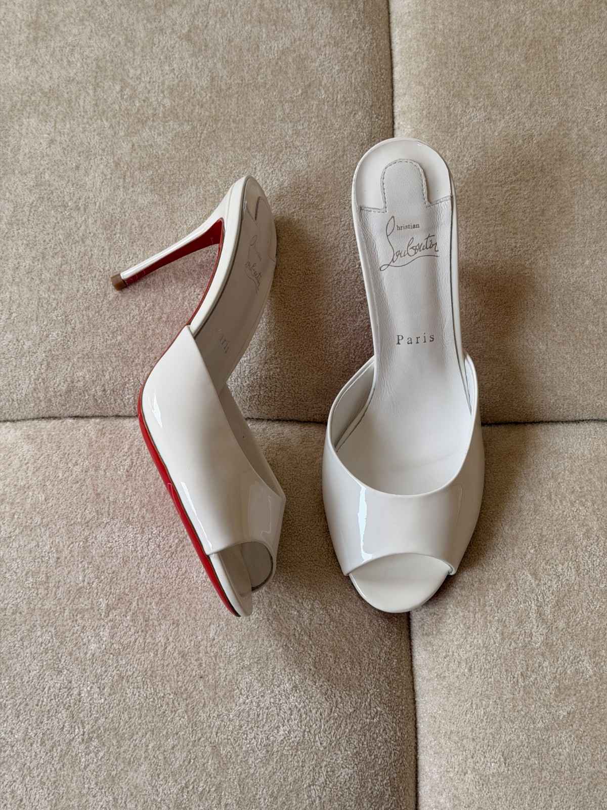 Christian Louboutin White Me Dolly 100MM Patent Mules Christian Louboutin White Me Dolly 100MM Patent Mules