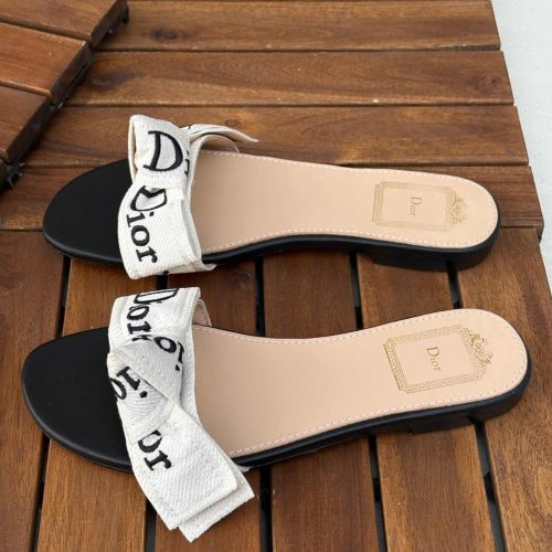 Dior Black Round-Toe Flat Sandals with Bow Detailing