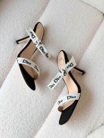 Dior J’Adior Straps Black Embroidered Cotton Heeled Sandals