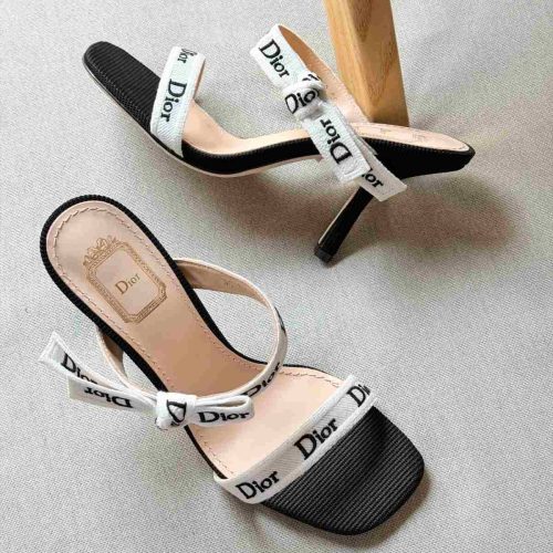 Dior J’Adior Straps Black Embroidered Cotton Heeled Sandals