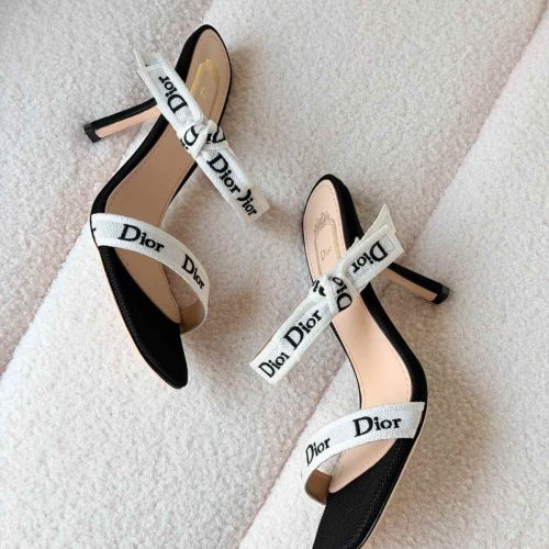 Dior J’Adior Straps Black Embroidered Cotton Heeled Sandals