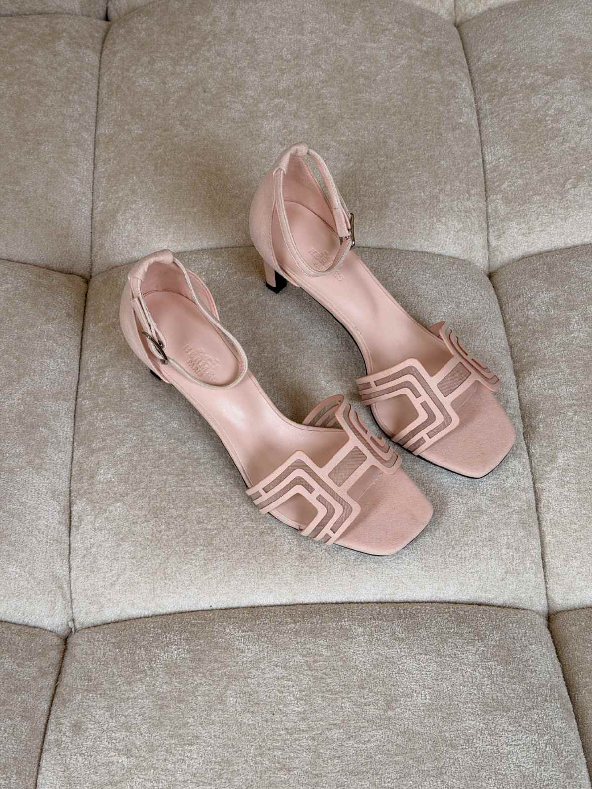 Hermes Joy 70 Beige Nude Suede & Mesh H-Cutout Sandals Hermes Joy 70 Beige Nude Suede & Mesh H-Cutout Sandals