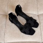 Hermès Joy 70 Black Suede & Mesh H-Cutout Sandals
