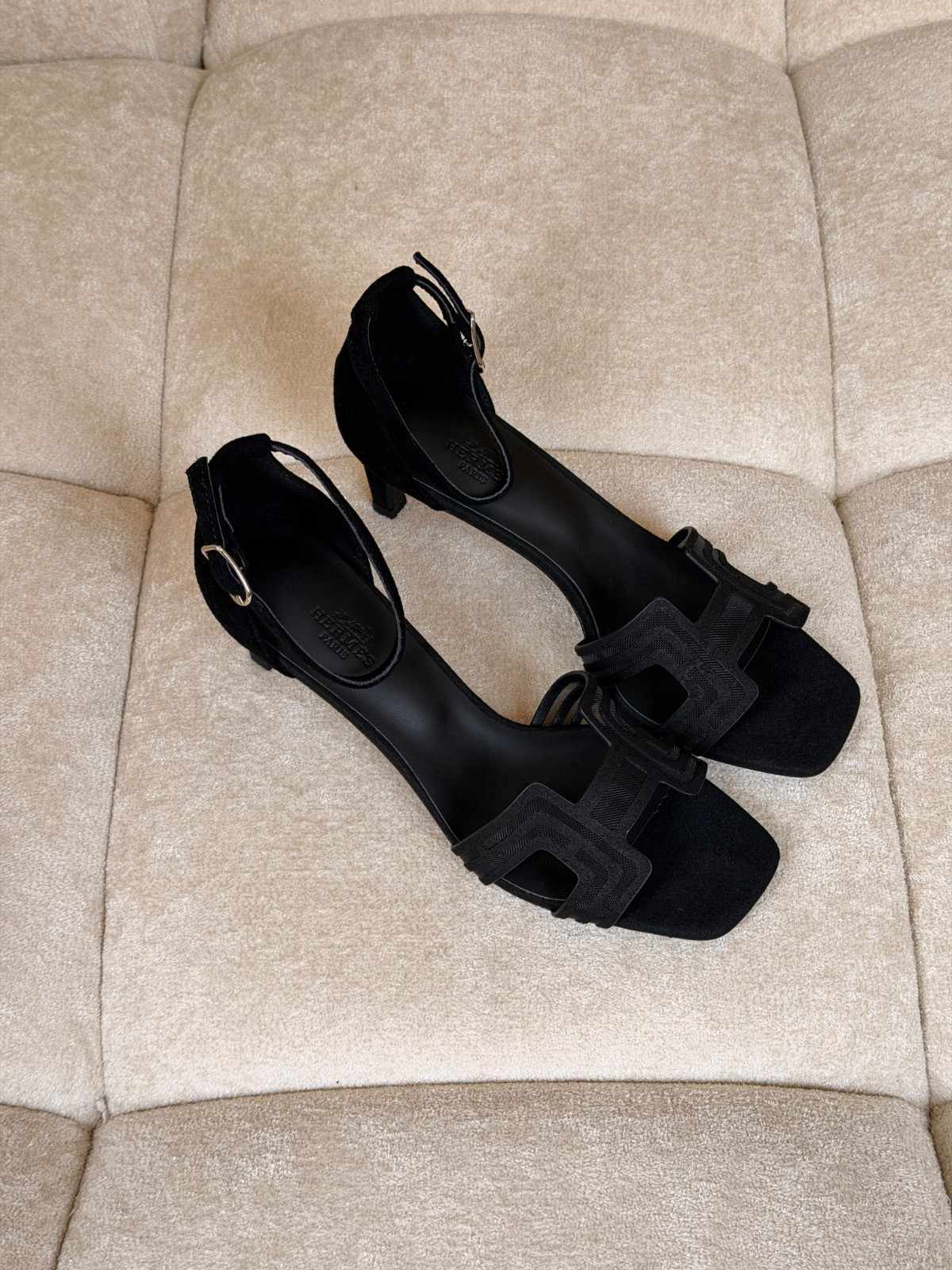 Hermes Joy 70 Black Suede & Mesh H-Cutout Sandals Hermès Joy 70 Black Suede & Mesh H-Cutout Sandals