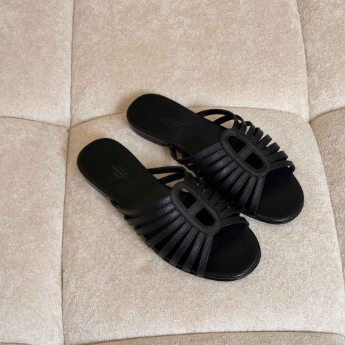 Hermes Noria Black Goatskin Straps Flat Sandals
