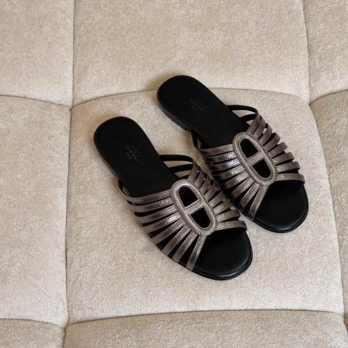 Hermes Noria Champagne Metallic Straps Flat Sandals