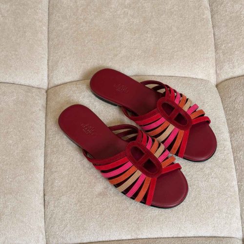 Hermes Noria Red Suede Straps Flat Sandals
