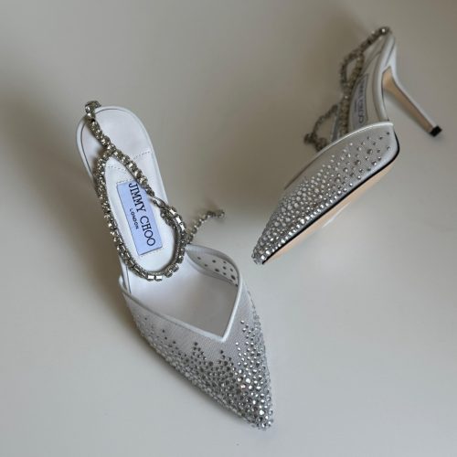 Jimmy Choo White Saeda 100 Rhinestone Embellished Heels