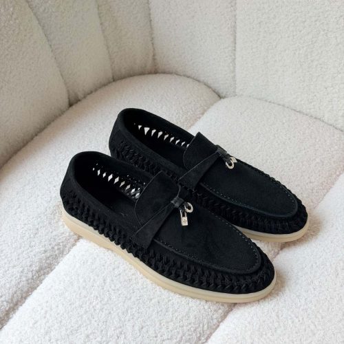 Loro Piana Black Suede Summer Walk Braided Loafers