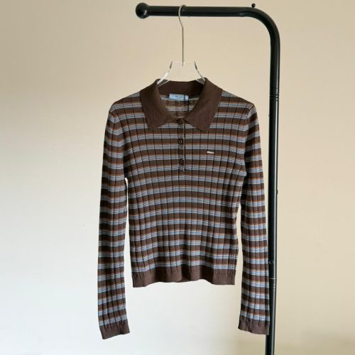 Prada Striped Brown Long Sleeve Cashmere & Silk Sweater
