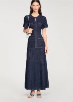 Sandro Diane Rhinestone Knit Maxi Dress Navy Blue