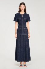 Sandro Diane Rhinestone Knit Maxi Dress Navy Blue