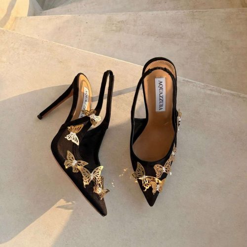 Aquazzura papillon embellished mesh slingback pumps in black