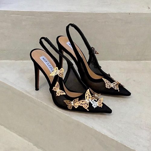 Aquazzura papillon embellished mesh slingback pumps in black