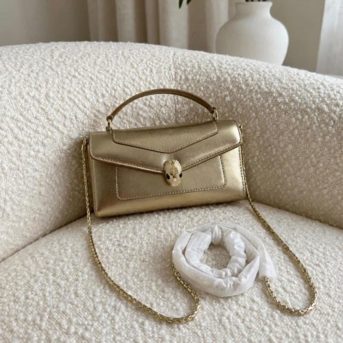 Bvlgari Serpenti Forever Phone Case Gold Metallic Leather Top Handle Bag