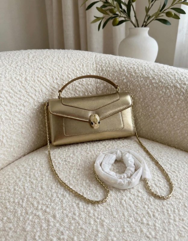 Bvlgari Serpenti Forever Phone Case Gold Metallic Leather Top Handle Bag