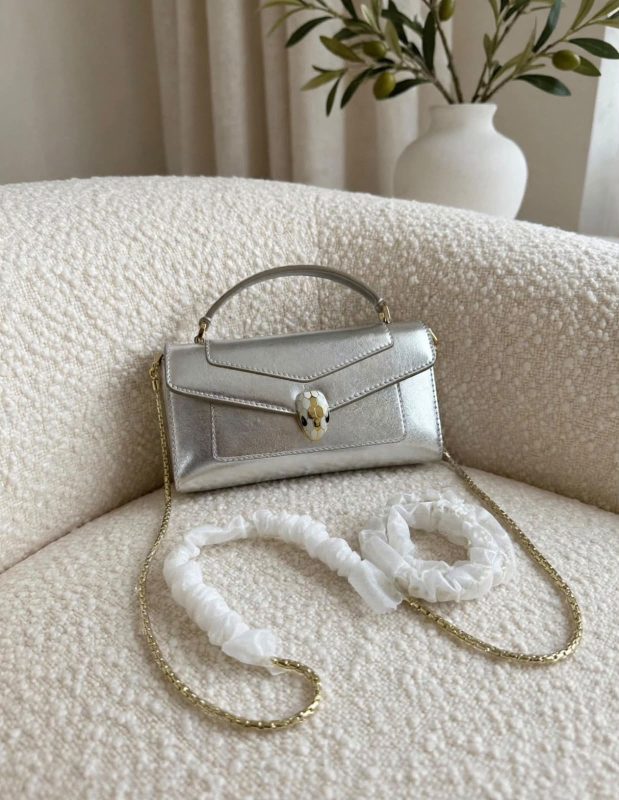 Bvlgari Serpenti Forever Phone Case Silver Metallic Leather Top Handle Bag
