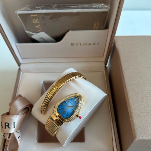Bvlgari Serpenti Tubogas 35MM Yellow Gold Diamond Blue Dial Women’s Wristwatch
