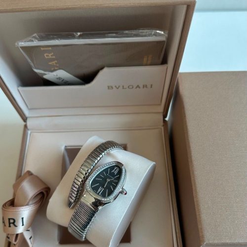 Bvlgari Serpenti Tubogas Black Dial Stainless Steel Diamond Bezel Ladies Watch