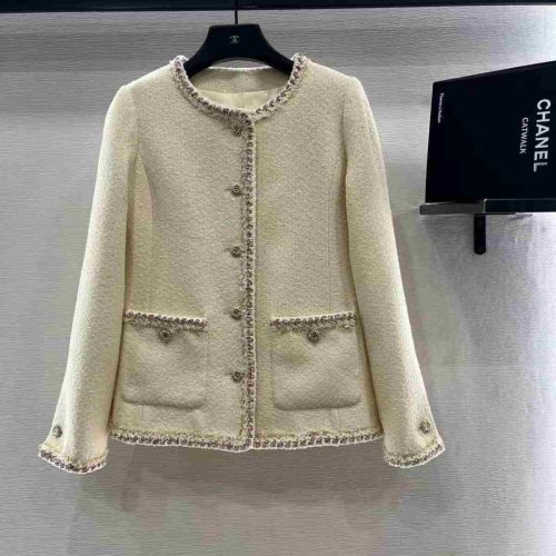 Chanel 26 collarless tweed jacket beige
