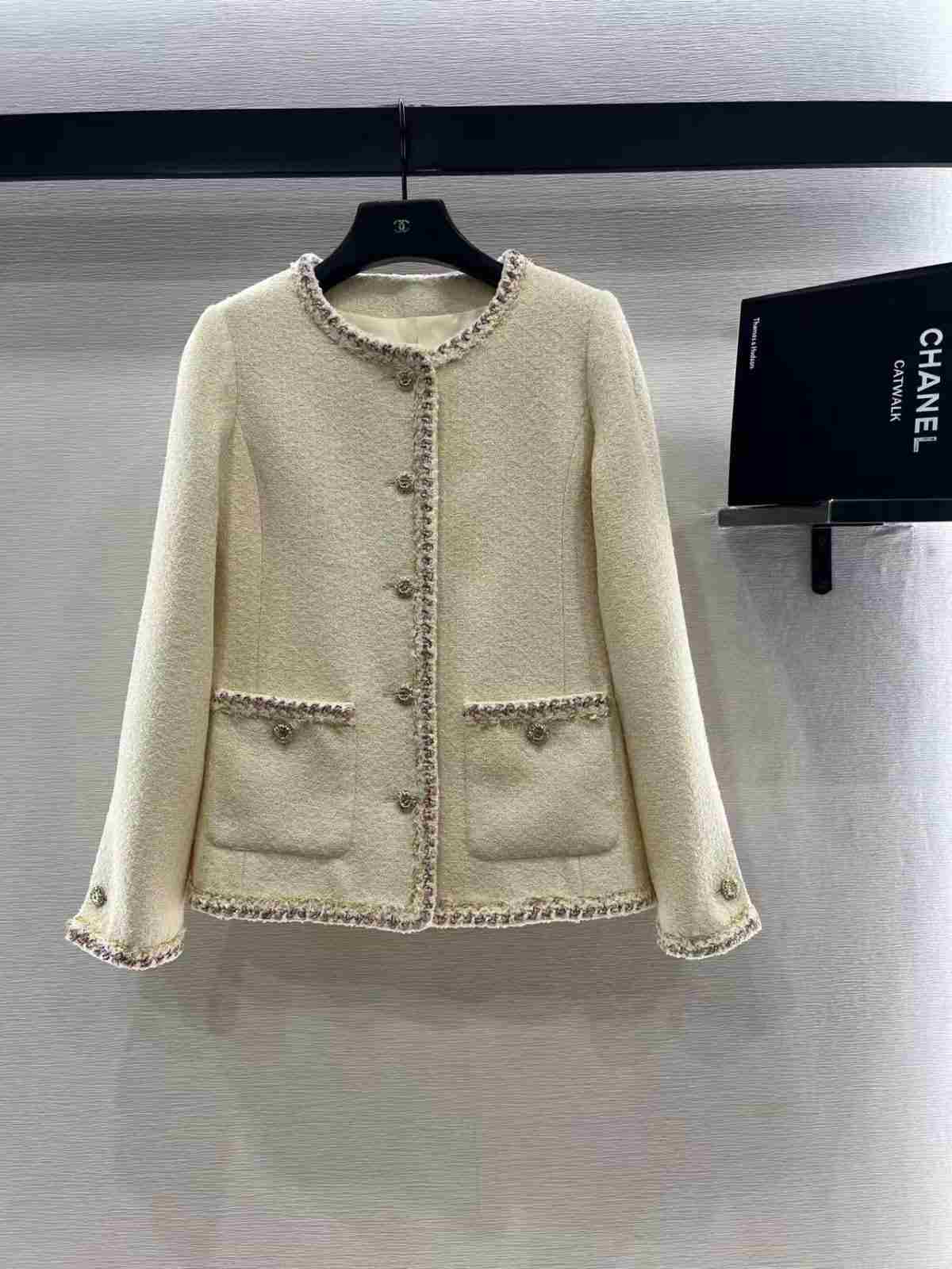 Chanel 26 collarless tweed jacket beige Chanel 26 collarless tweed jacket beige