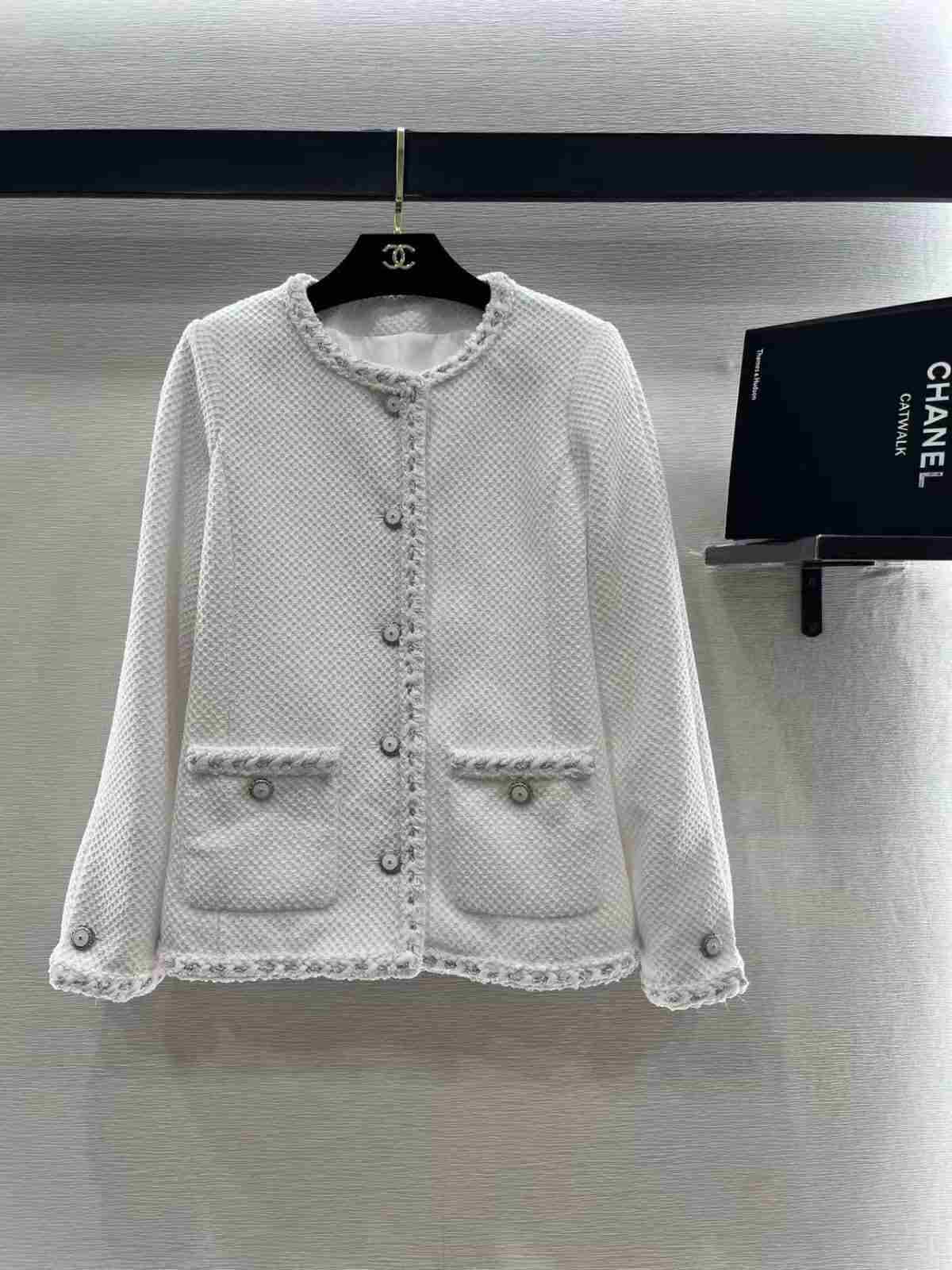 Chanel 26 collarless tweed jacket white Chanel 26 collarless tweed jacket white